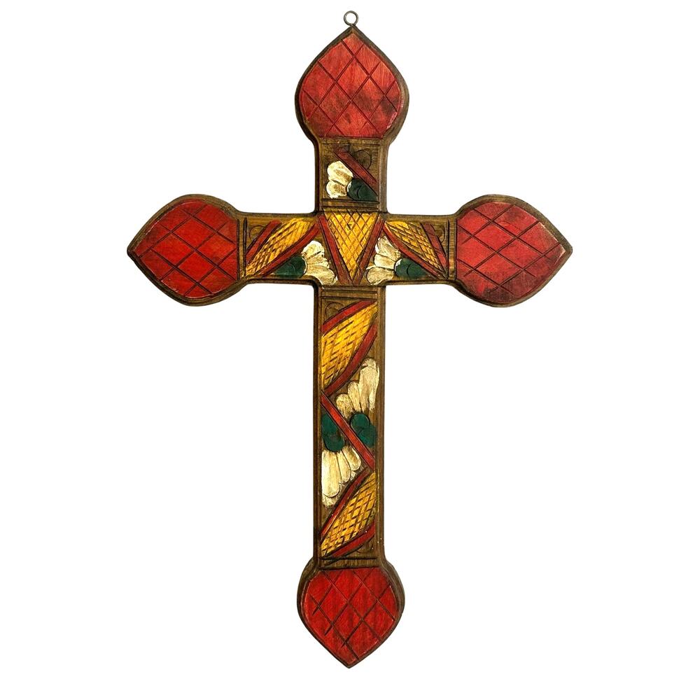 Hand Crafted Folk Art Carved Wood Painted Cross Mexico 15” x 10”